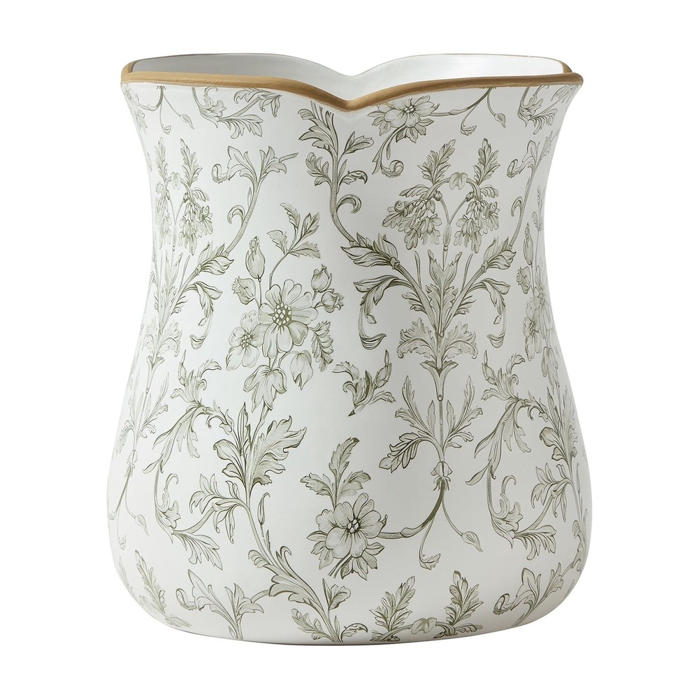 My Texas House 8" White/Green Floral Scallop Trim Ceramic Vase